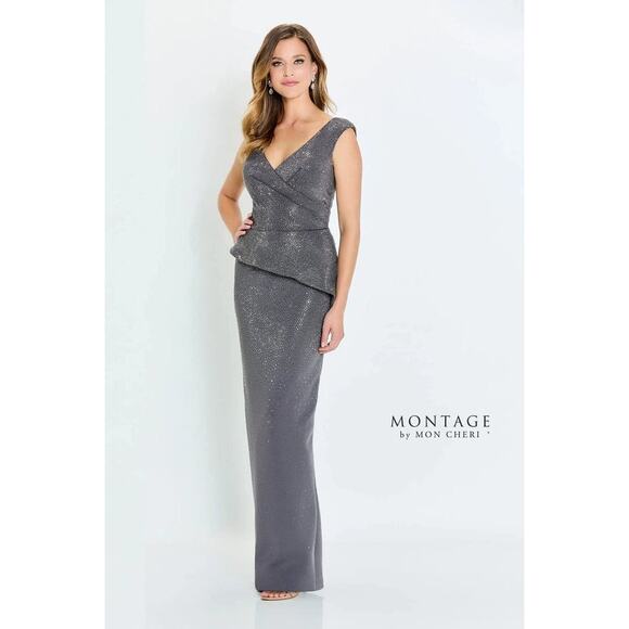 Montage by Mon Cheri M536 Charcoal Beaded Peplum Evening Gown Plus Size 16 - Picture 1 of 10